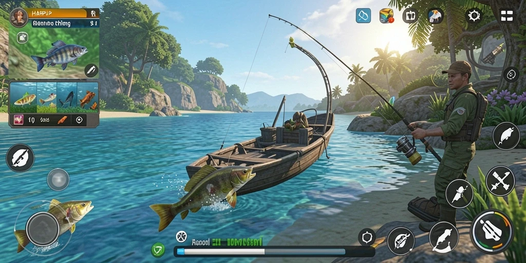 Tampilan gameplay HARAPJP dengan pemandangan memancing yang menakjubkan.