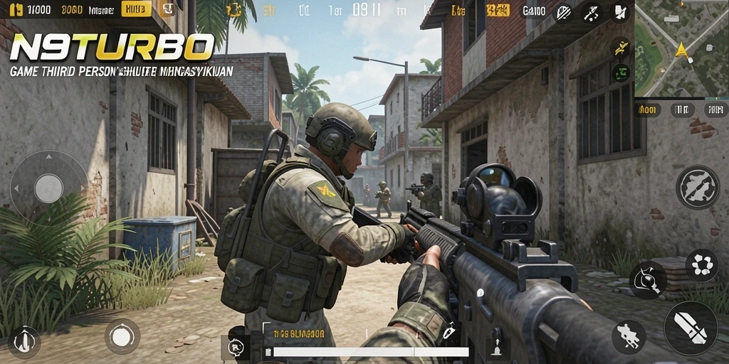 Screenshot gameplay N9TURBO menampilkan aksi seru dalam mode TPS.