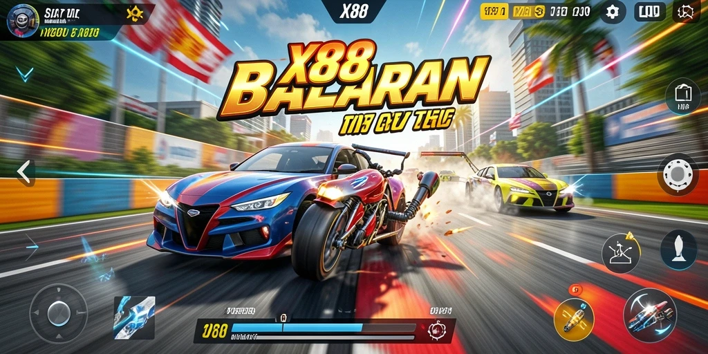 Screenshot gameplay X88 menampilkan aksi balapan yang mendebarkan.